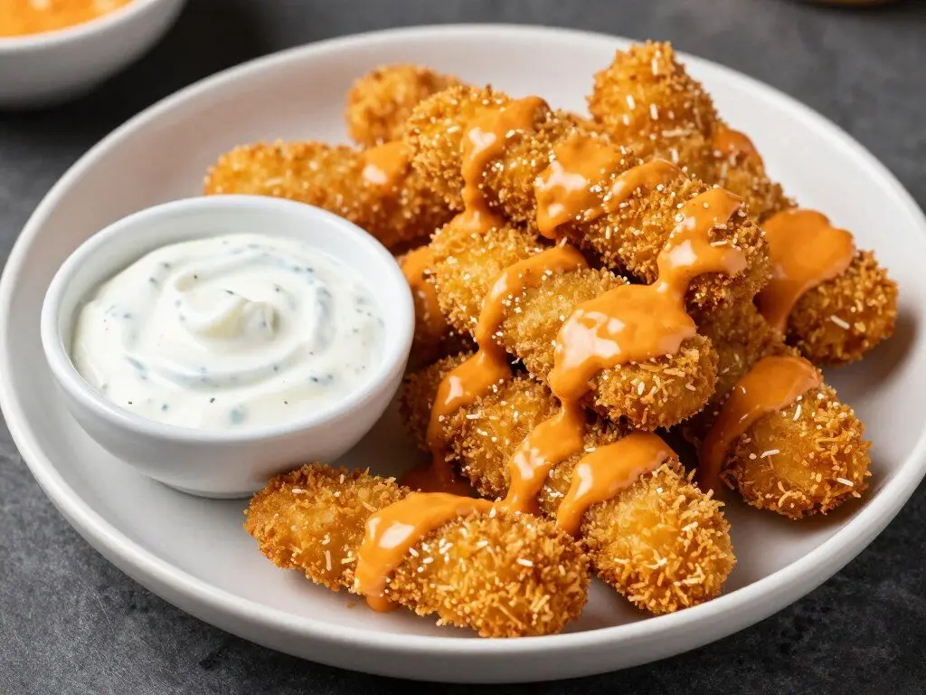buffalo chicken tenders with crispy coating and ranch dressing