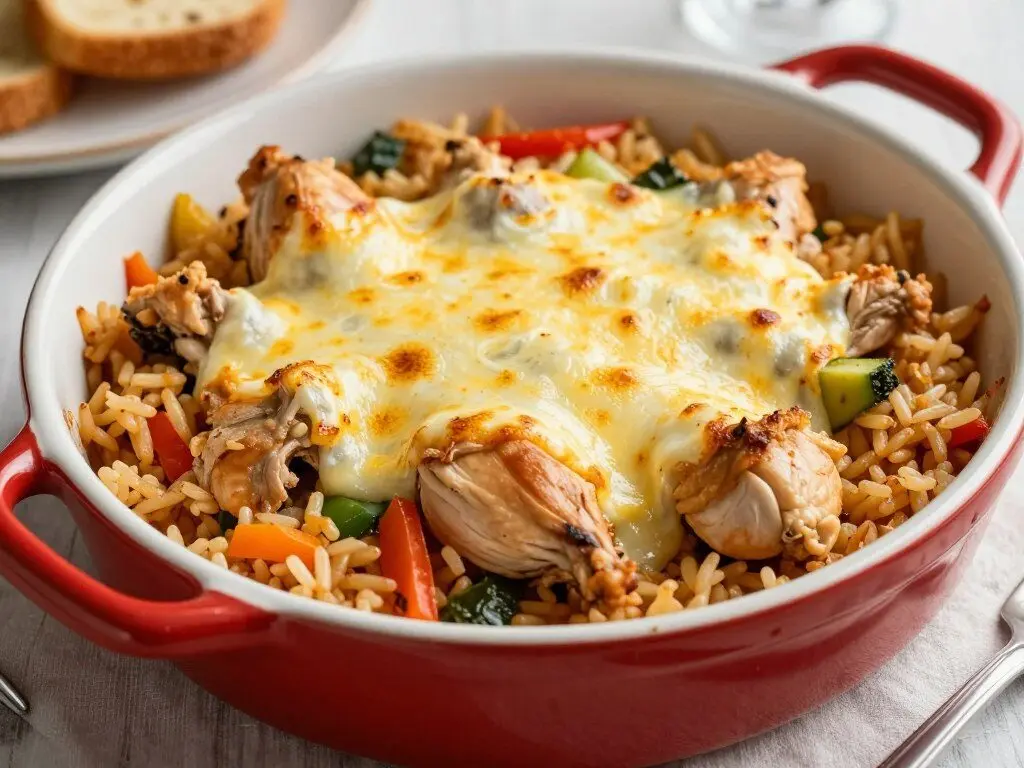 chicken and rice casserole with melted cheese topping