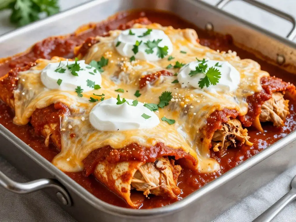 chicken enchiladas with red sauce and melted cheese