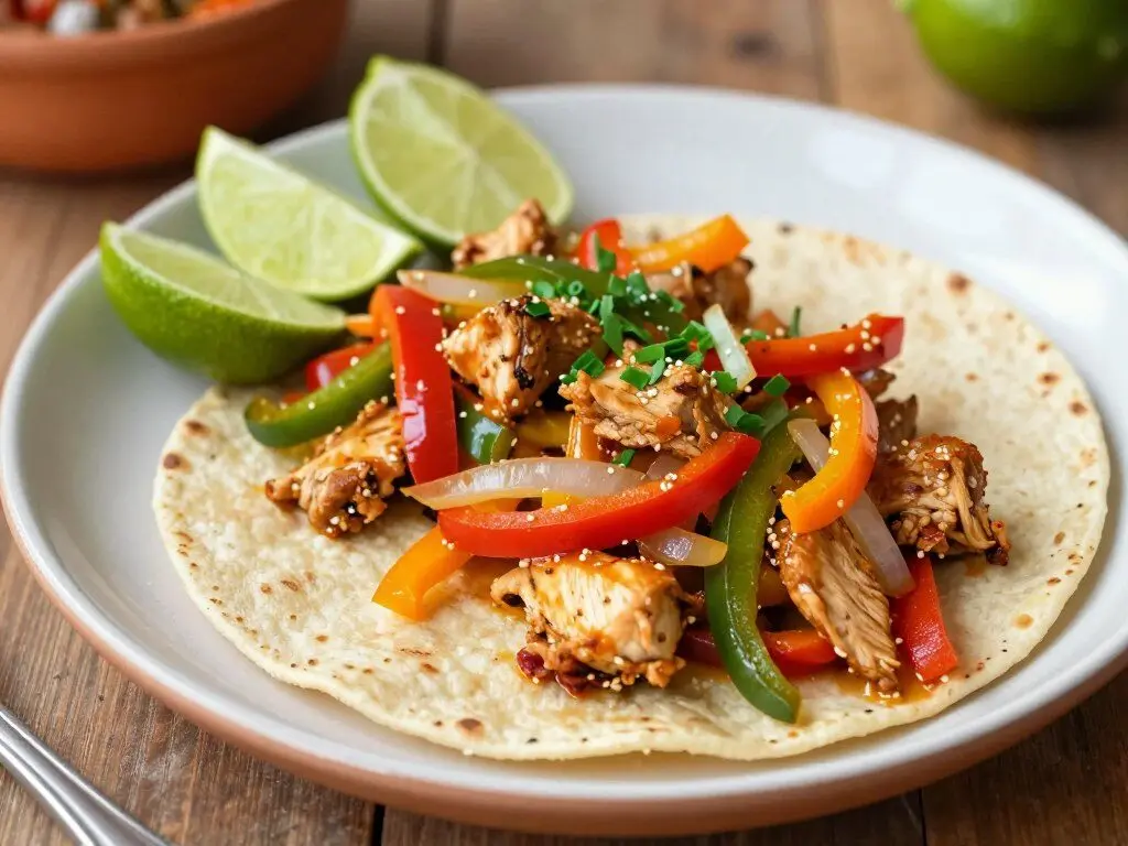chicken fajitas with colorful peppers and onions in tortillas