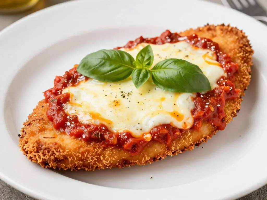 chicken parmesan with melted mozzarella and marinara sauce