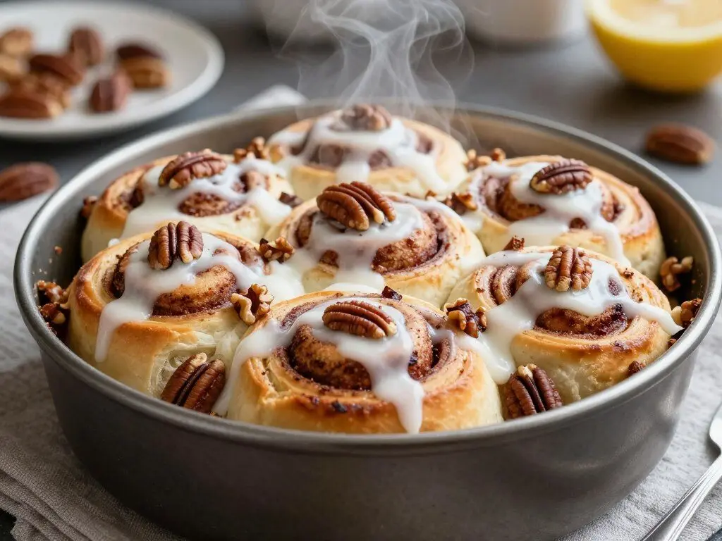 cinnamon roll casserole baked in ninja foodi with icing drizzle