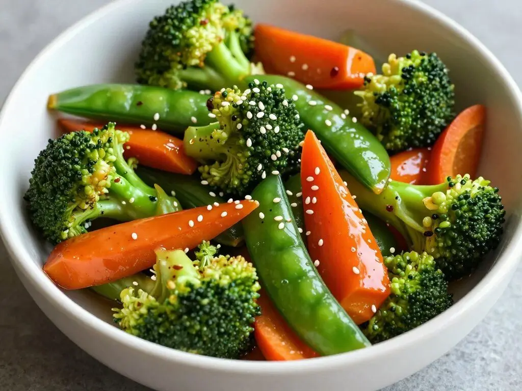 colorful vegetable stir fry with sesame seeds