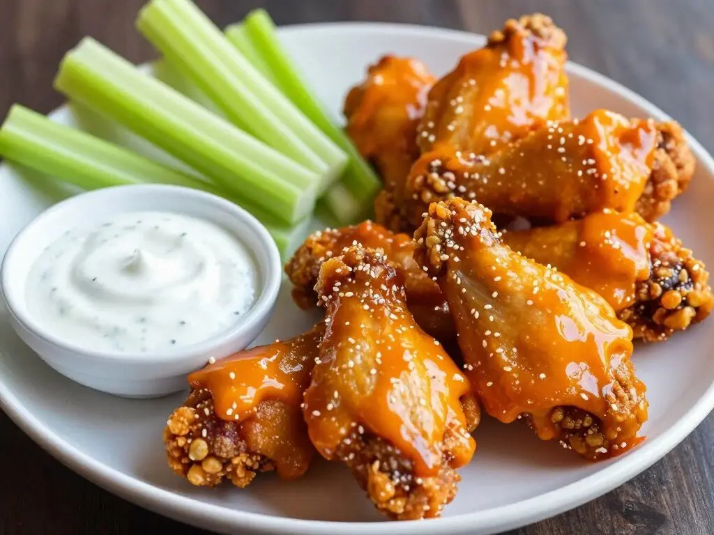 crispy buffalo chicken wings with celery sticks and ranch dressing