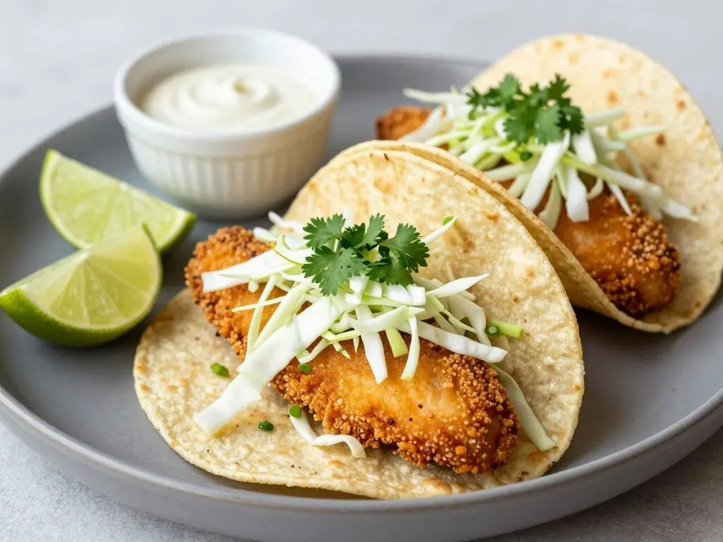 crispy fish tacos with cabbage slaw and lime