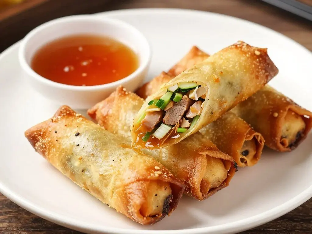 crispy golden egg rolls with dipping sauce