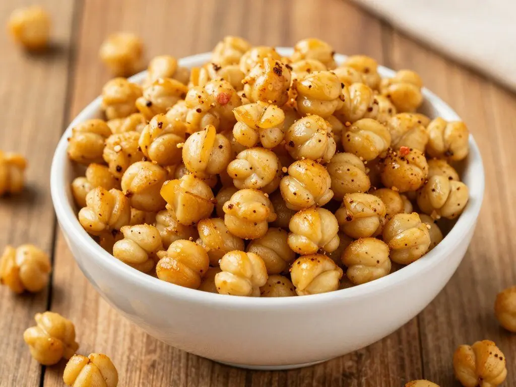 crispy roasted chickpeas with spices in serving bowl
