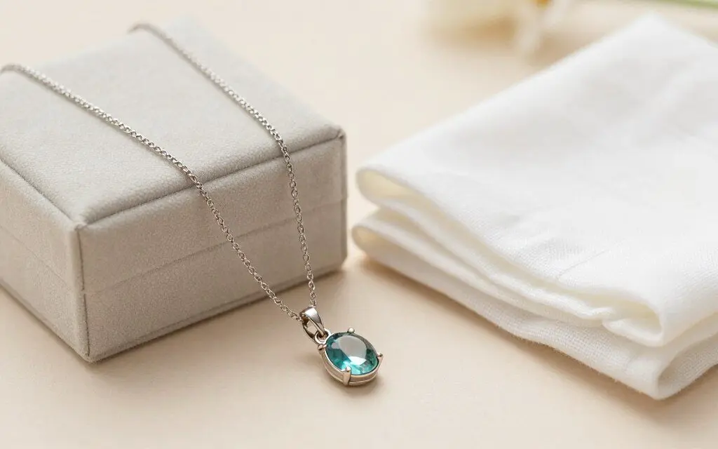 delicate birthstone necklace beside a baby keepsake