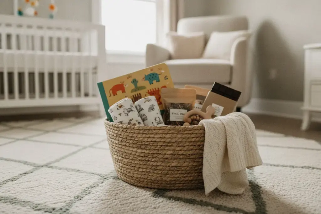 first-year care basket with baby and parent essentials