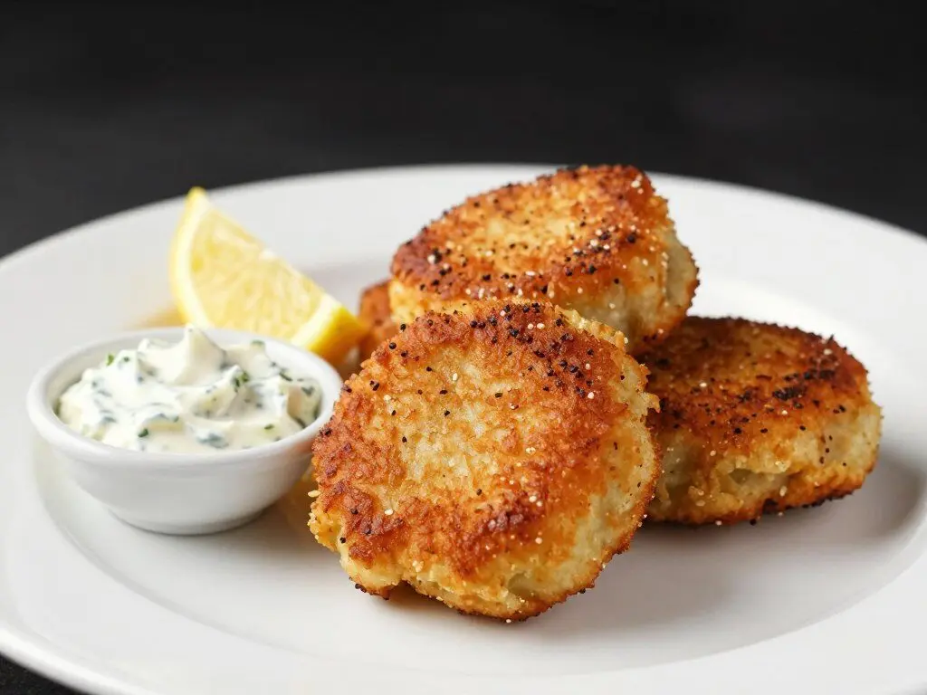 golden crab cakes with lemon and sauce