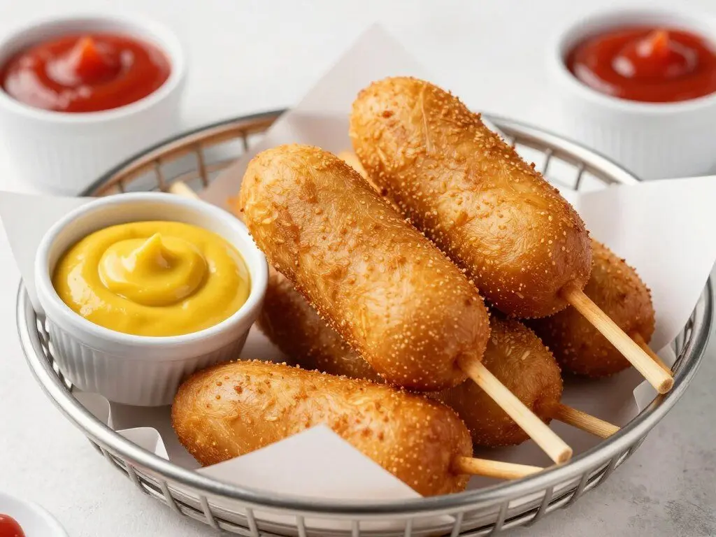 golden mini corn dogs with mustard and ketchup