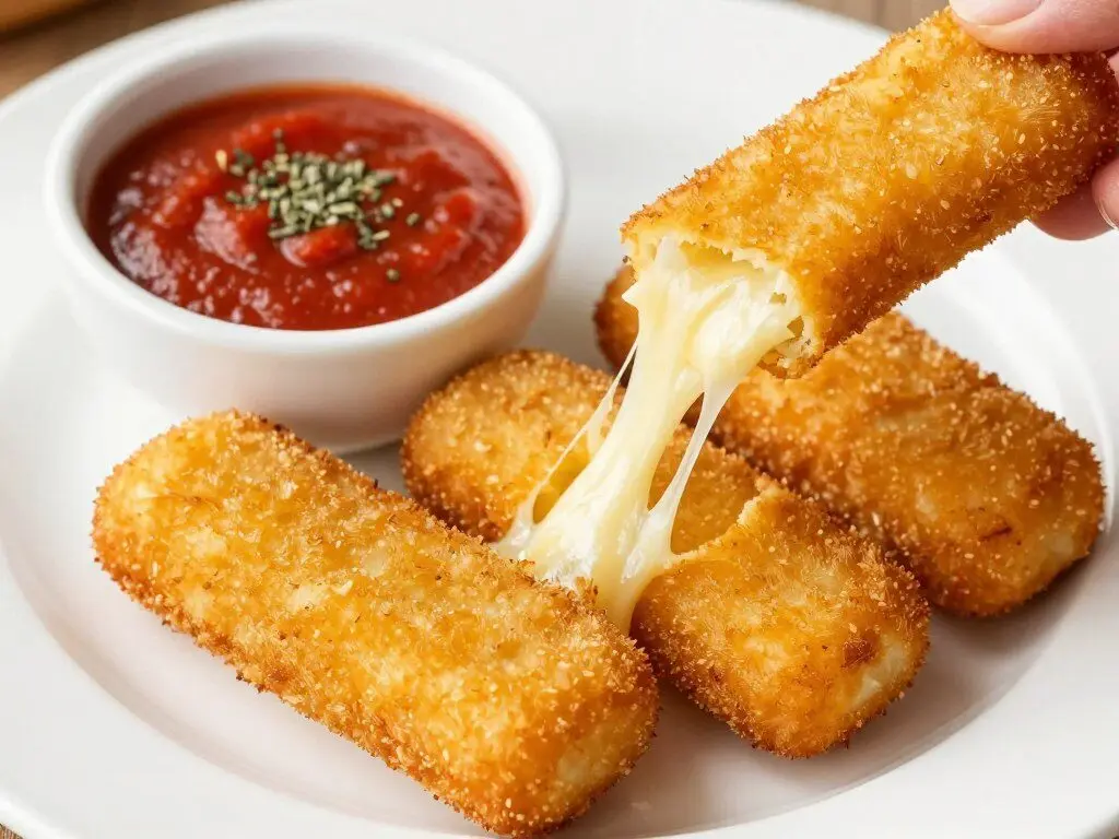 golden mozzarella sticks with marinara dipping sauce