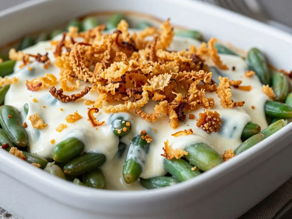 green bean casserole with crispy onion topping
