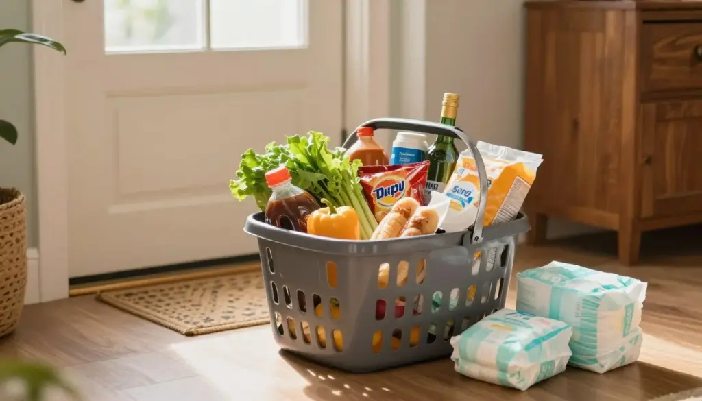 grocery delivery basket with food and newborn essentials
