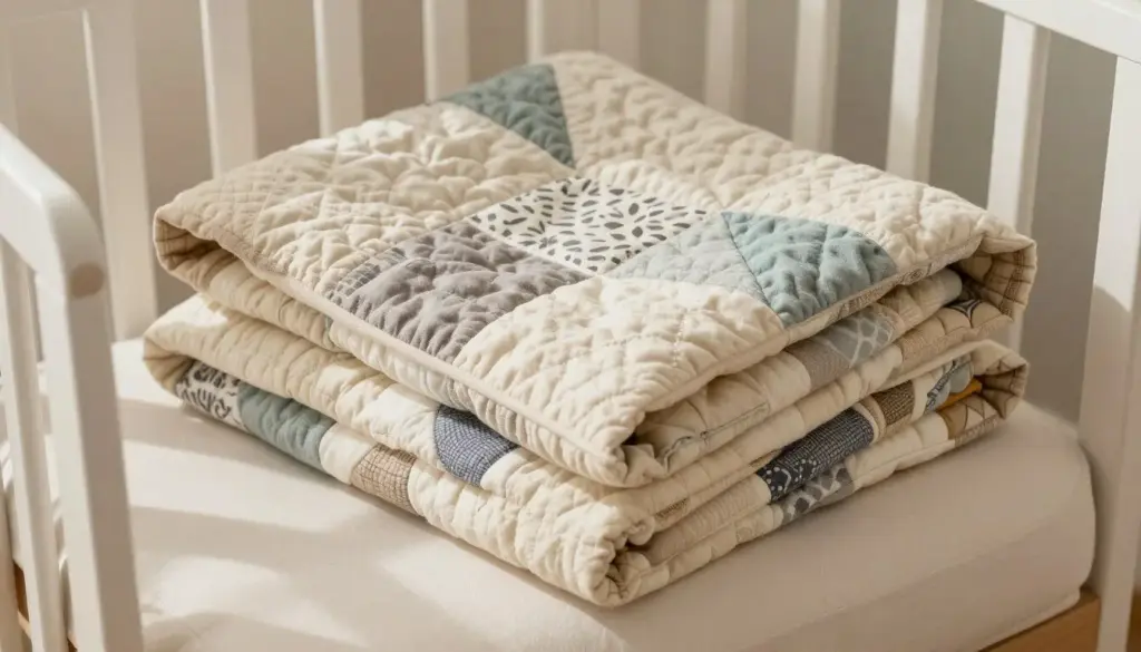 handmade modern quilt folded in a neutral nursery