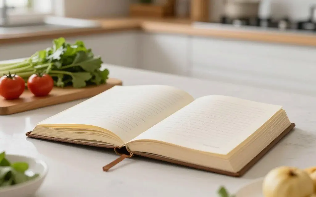 handwritten family recipe book with kitchen ingredients