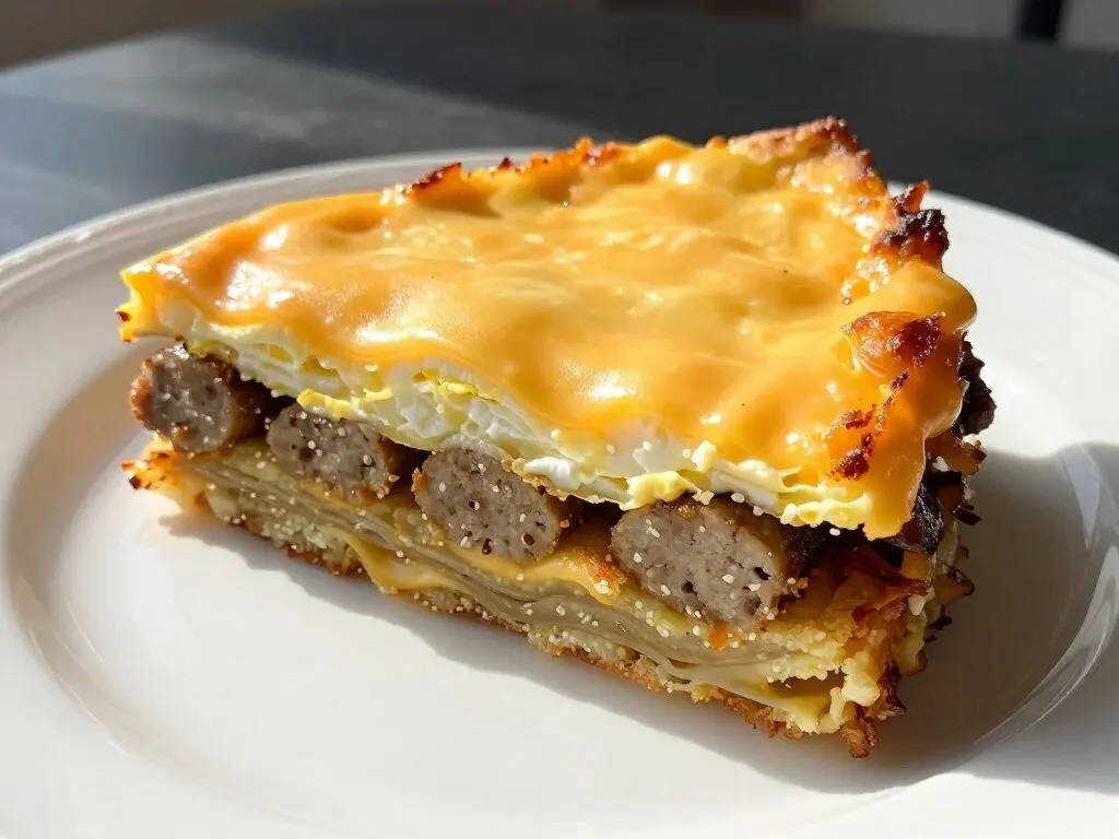 hash brown breakfast casserole with melted cheese and sausage layers