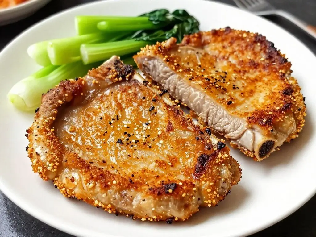 juicy bone-in pork chops with seasoning crust