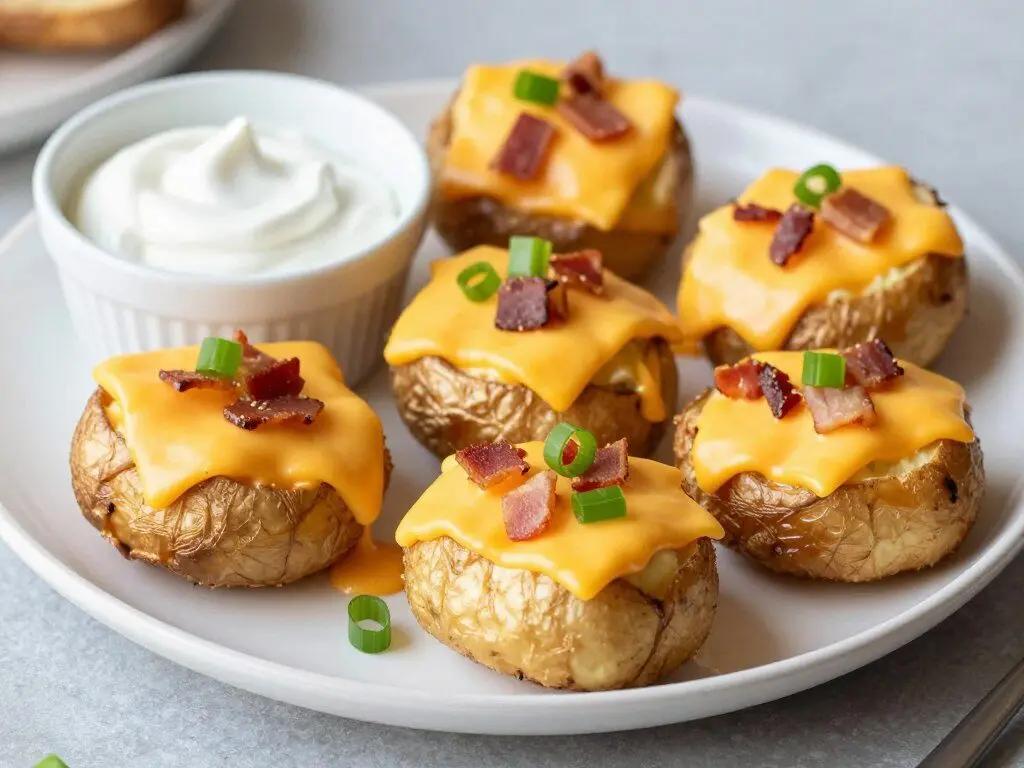 loaded potato skins with cheese, bacon, and green onions