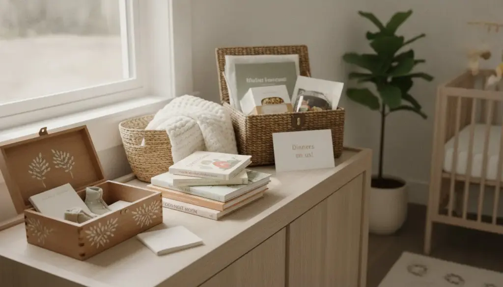 meaningful baby shower gift ideas for new parents arranged in a warm nursery