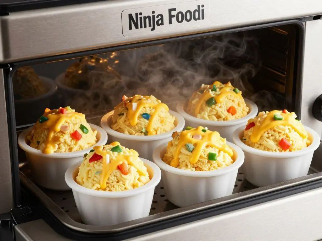 ninja foodi egg bites with vegetables and cheese in silicone molds