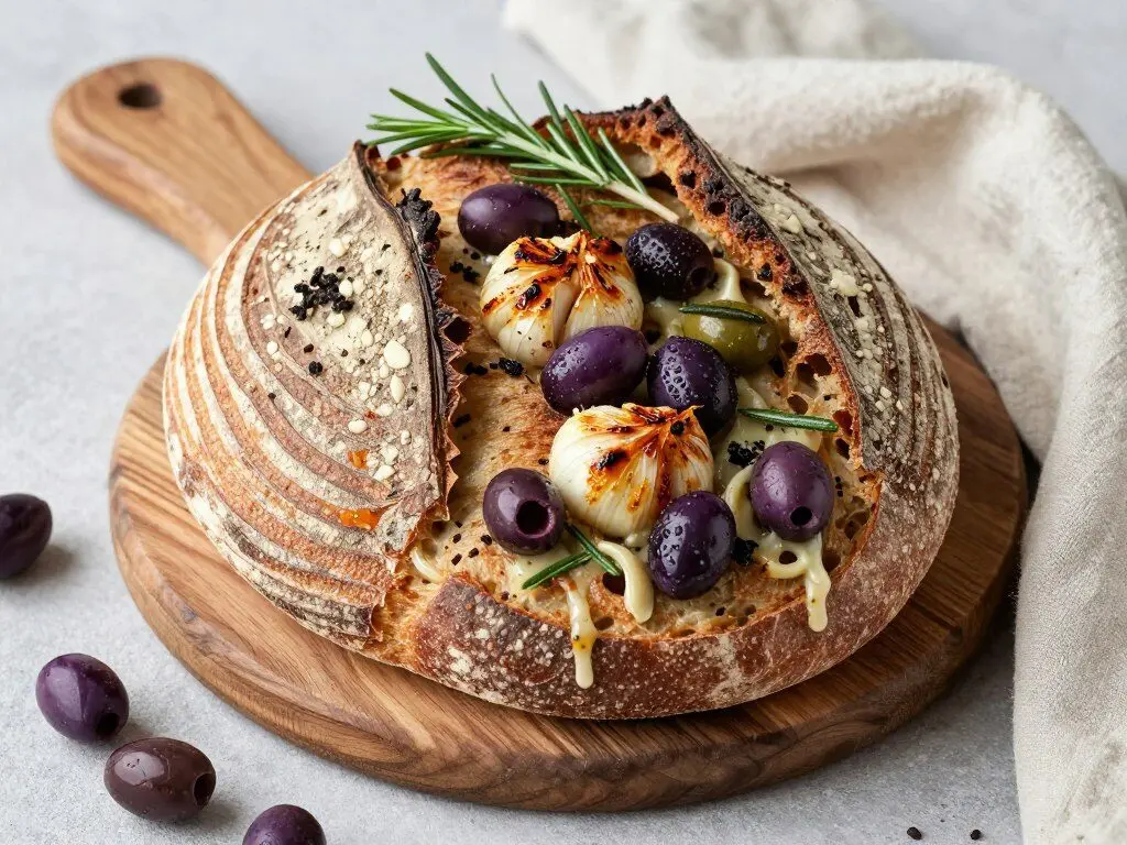 olive garlic rosemary sourdough loaf