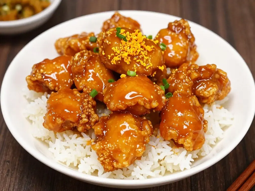 orange chicken with glossy sauce over white rice
