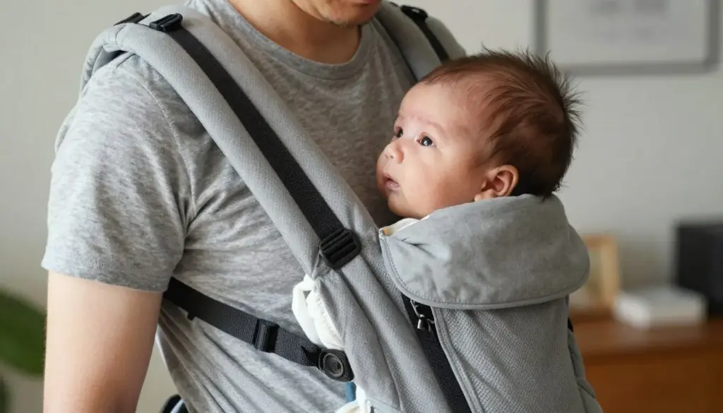 parent safely using a baby carrier at home