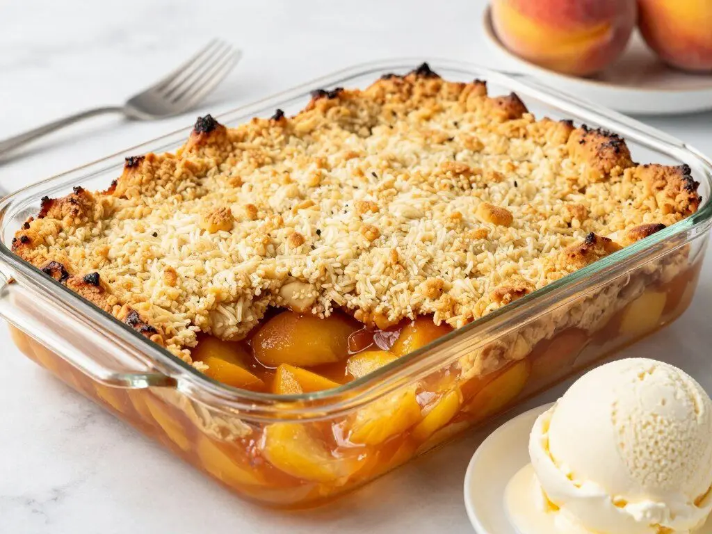 peach cobbler with golden biscuit topping