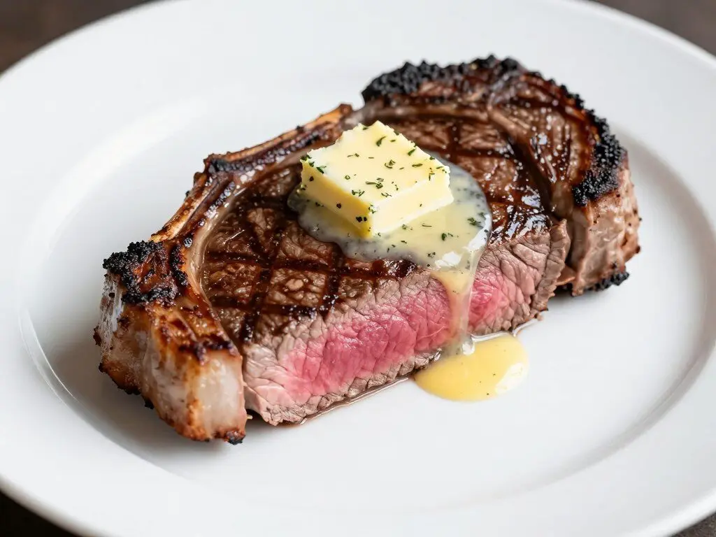 perfectly cooked ribeye steak with butter and herbs