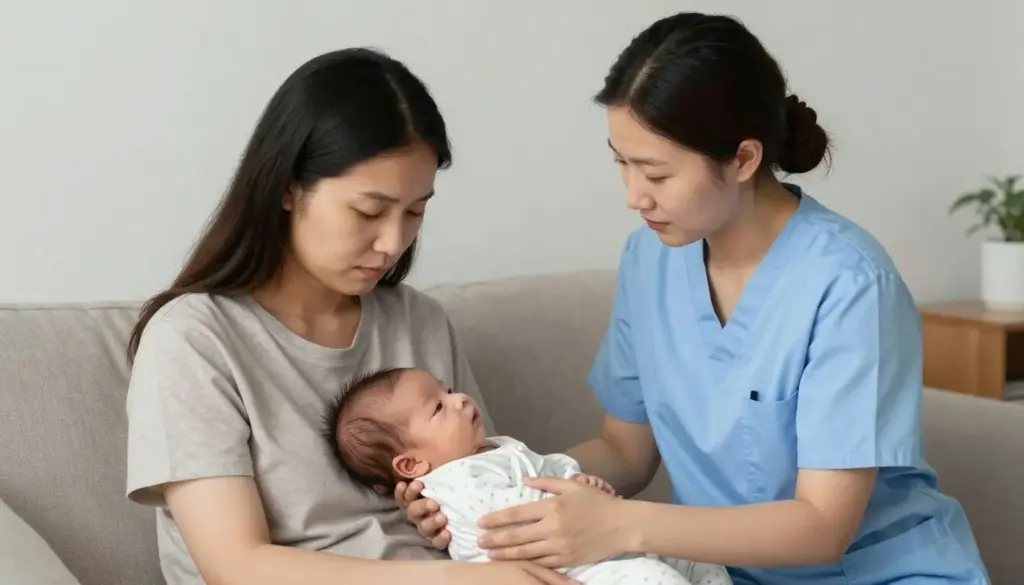qualified postpartum support worker helping a family at night