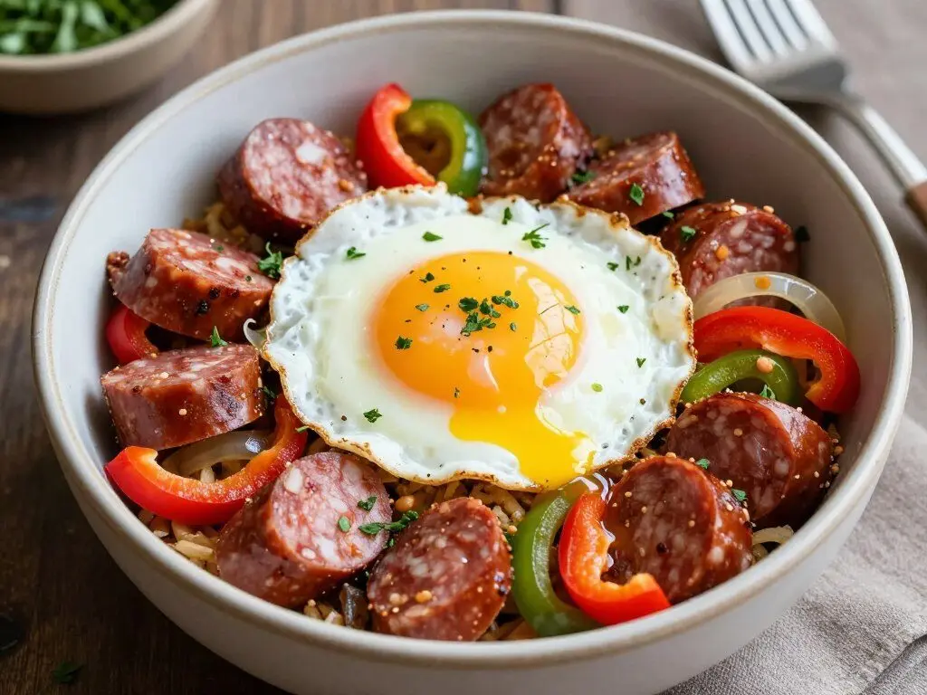 sausage and pepper breakfast bowl with fried eggs on top