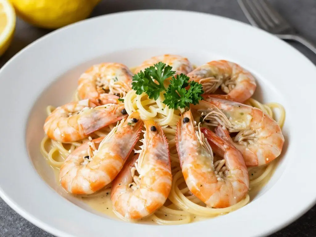 shrimp scampi in garlic butter sauce over pasta