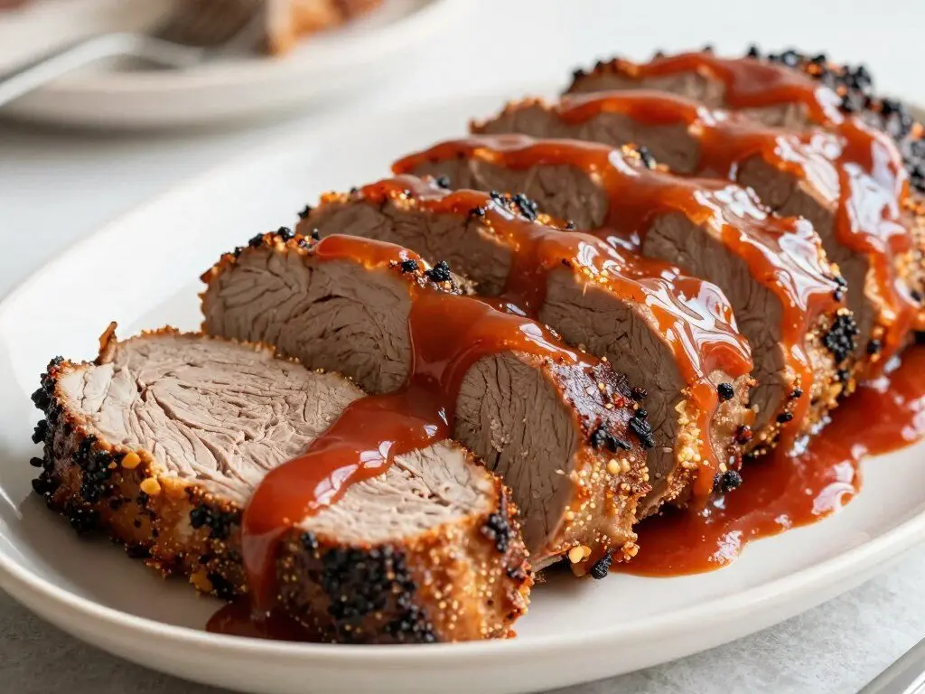 sliced meatloaf with ketchup glaze topping