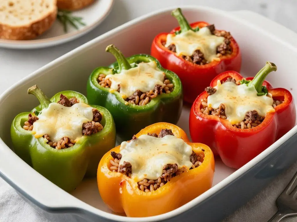 stuffed bell peppers with beef, rice, and melted cheese