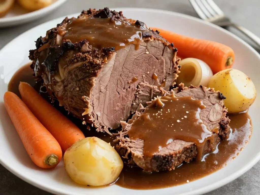 tender pot roast with carrots, potatoes, and gravy