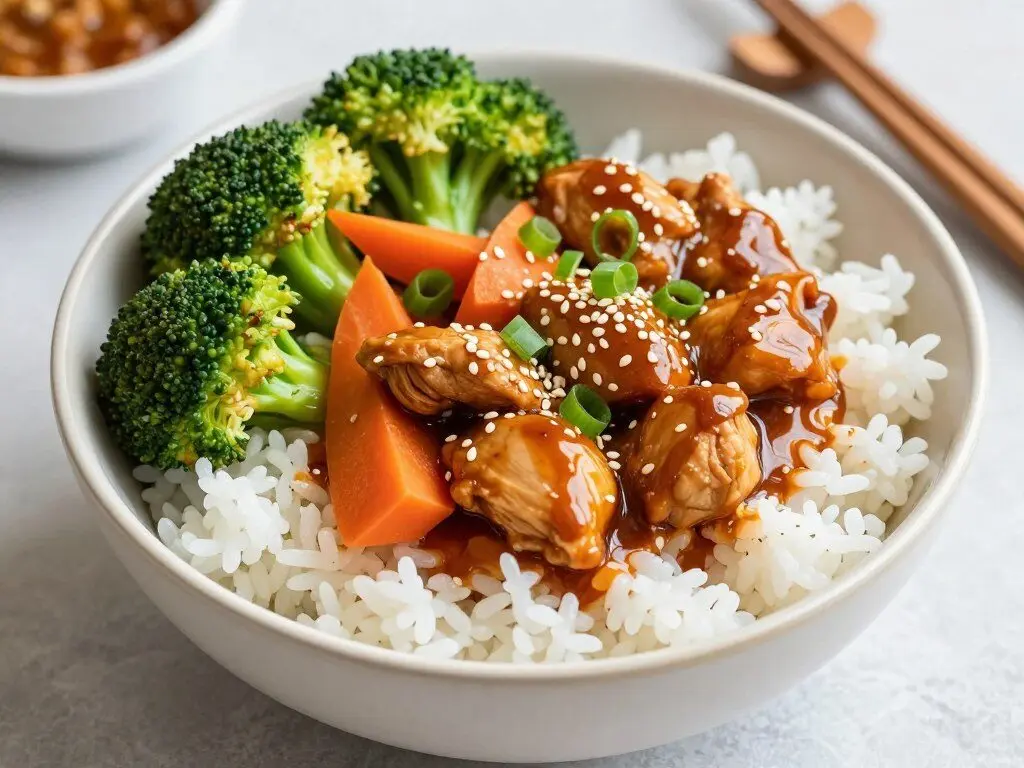 teriyaki chicken bowl with rice, broccoli, and carrots