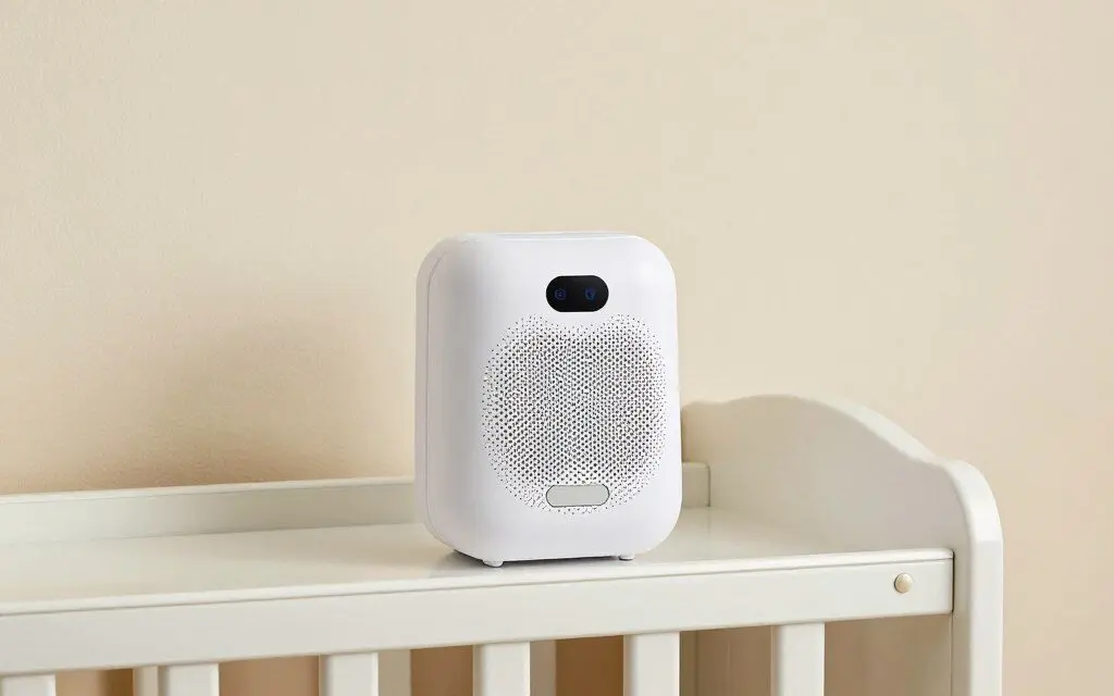white noise machine on a nursery shelf away from the crib
