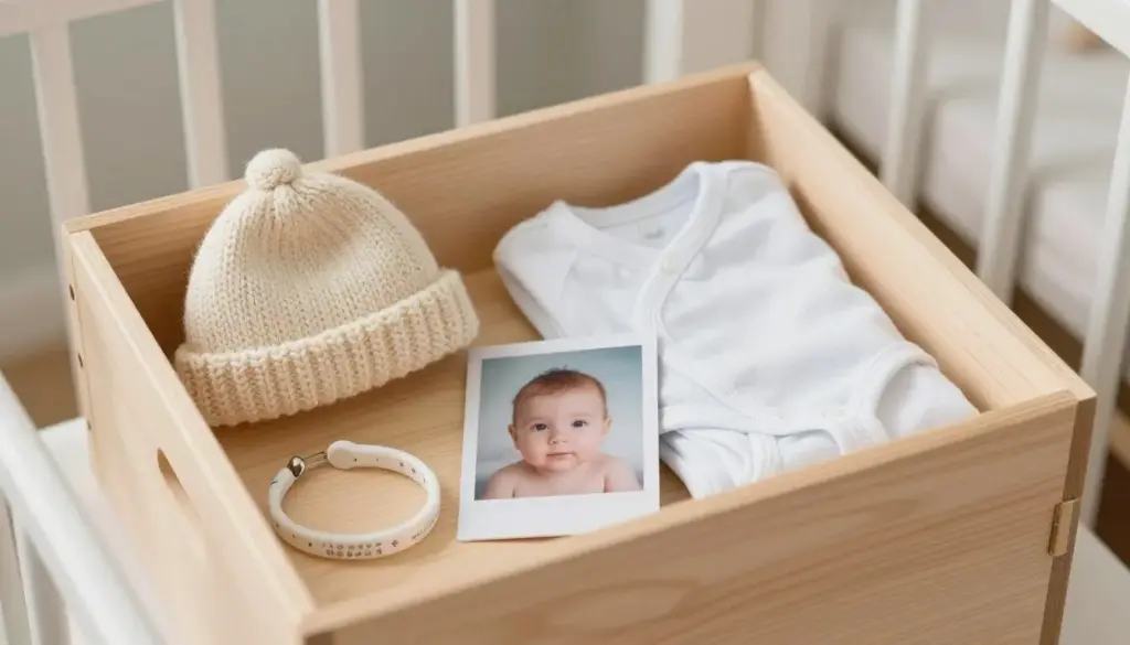 wooden baby memory box holding early keepsakes