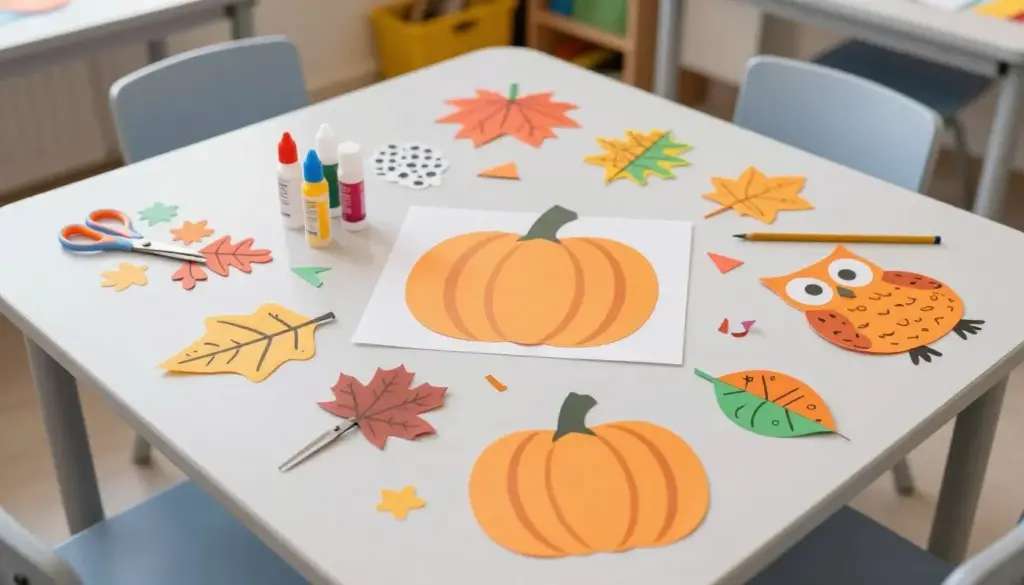 A collection of 28 easy to make autumn cut out activity sheet for kids paper crafts arranged on a wooden table