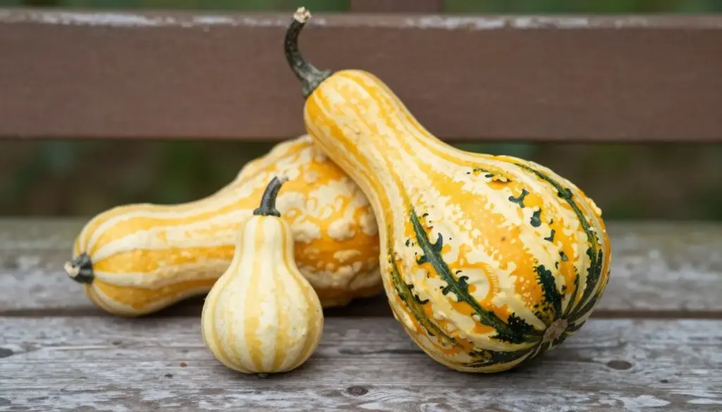 A cut-and-fold harvest gourd paper craft with yellow and green striping