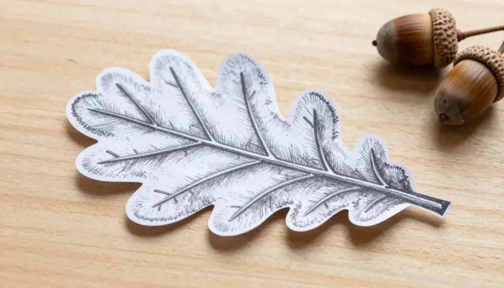 A cut-out oak leaf featuring raised paper ridges and autumn color shading