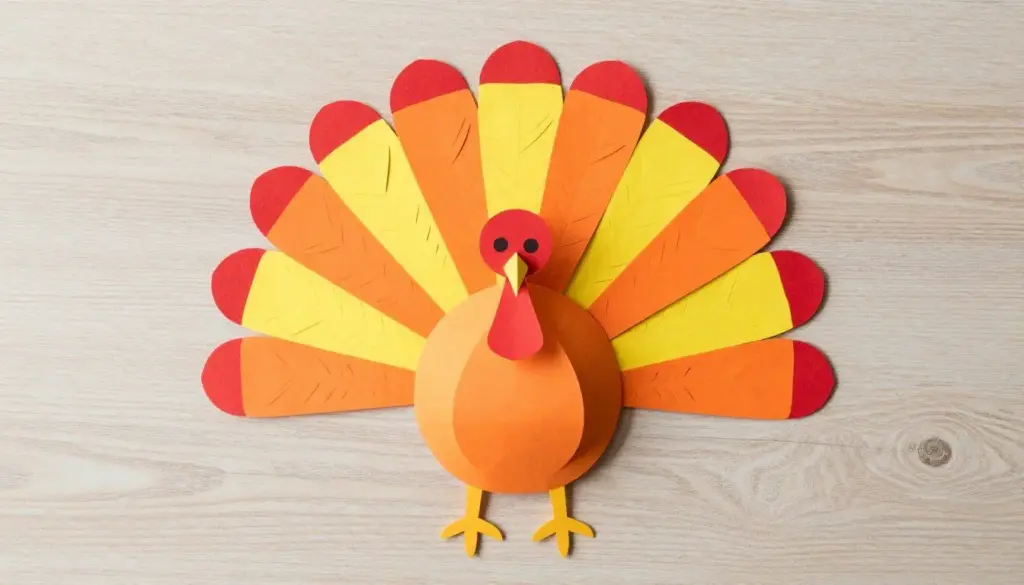 A cut-out paper turkey craft with a vibrant fan of multicolored tail feathers