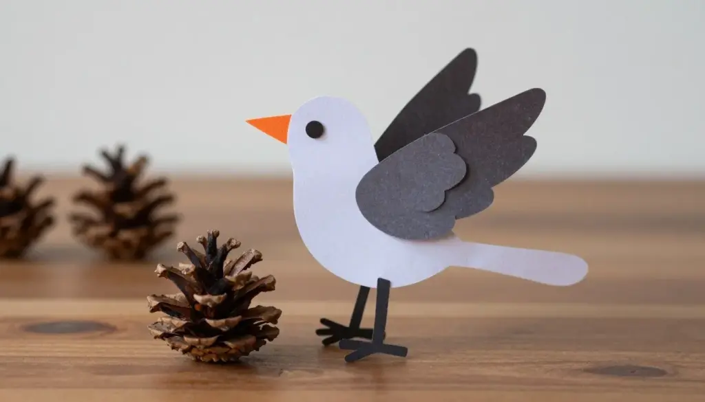 A fallen pinecone fitted with paper cut-out wings and beak to form a bird