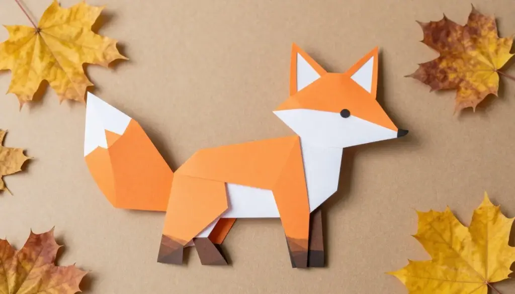 A geometric paper fox cut-out assembled from orange and white triangles