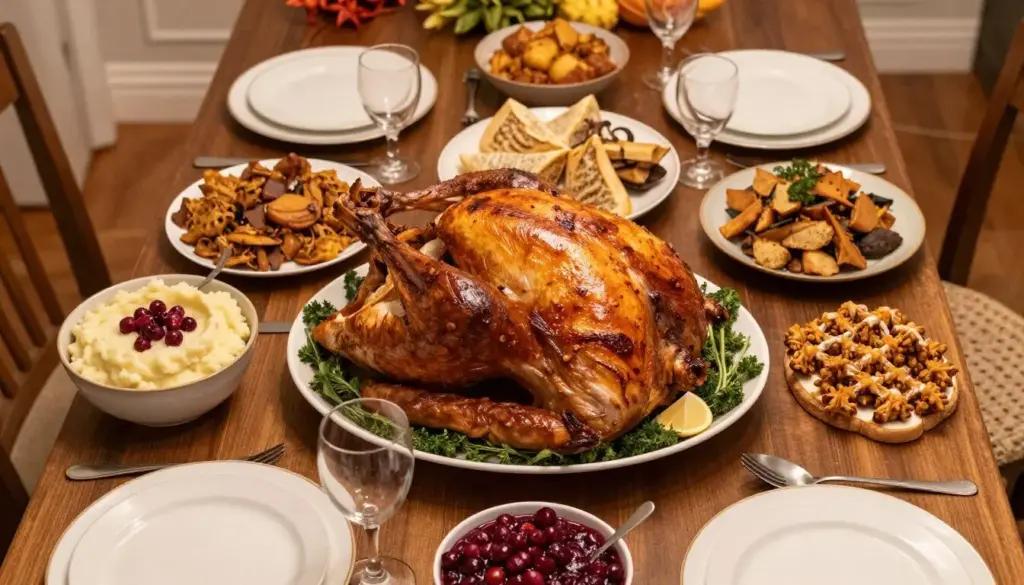 A lavish holiday dining table set with roasted turkey, cranberry sauce, mashed potatoes, and seasonal sides
