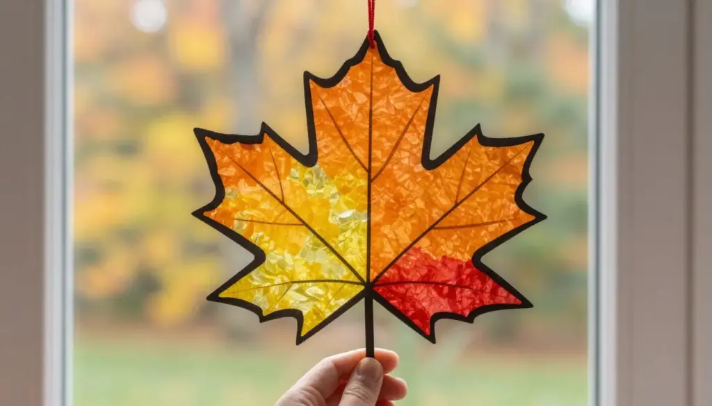 A maple leaf suncatcher craft made with black cardstock outline and colorful tissue paper on a window