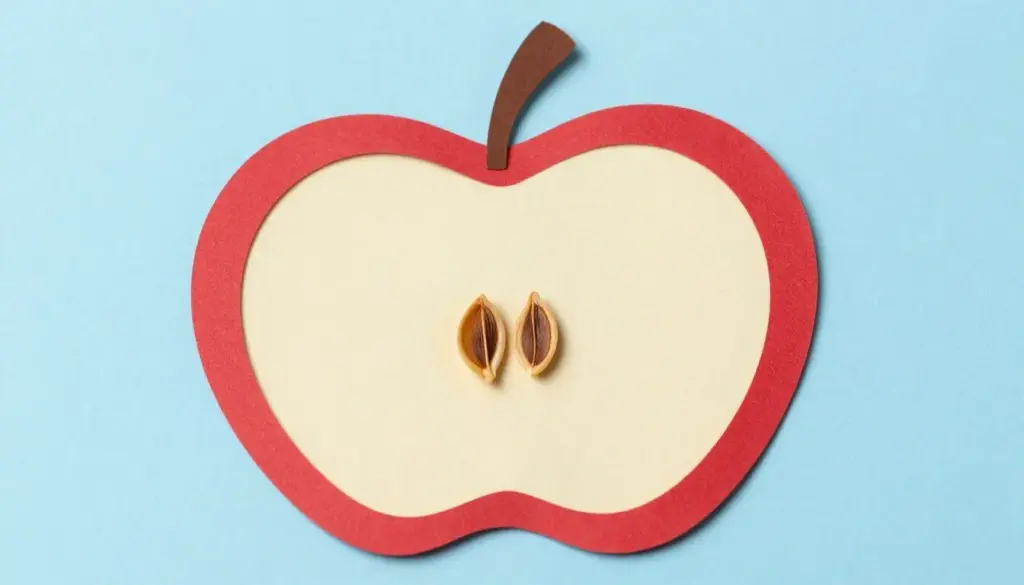 A paper apple core cut-out craft with glued black seeds