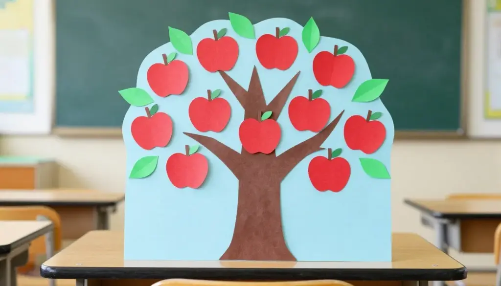 A paper apple tree craft with cut-out red apples pasted across a green canopy