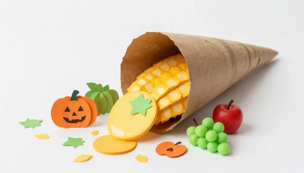 A paper cornucopia horn overflowing with cut-out paper fruits and vegetables